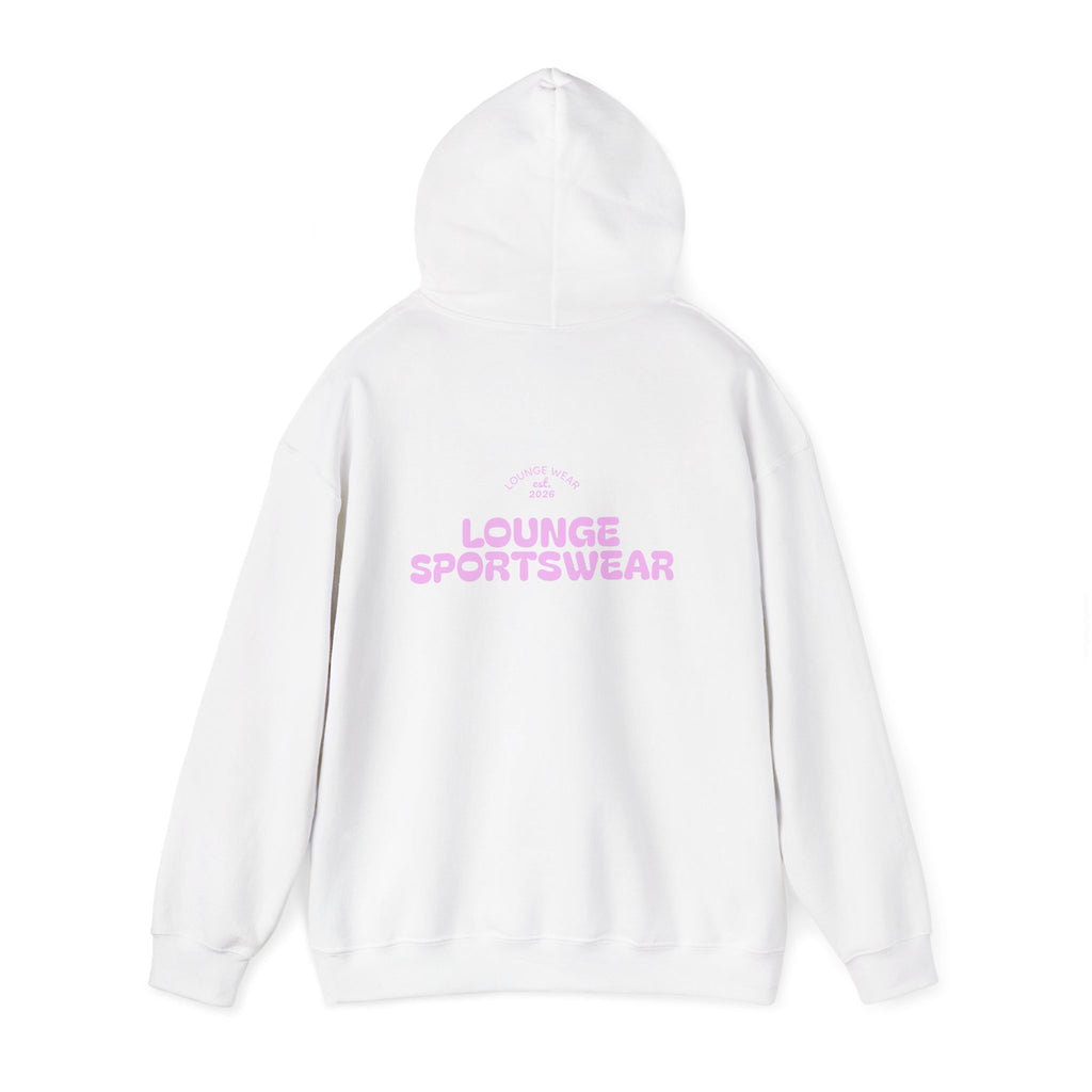 Lounge Sportswear Hoodie — White Pullover with Pink Logo