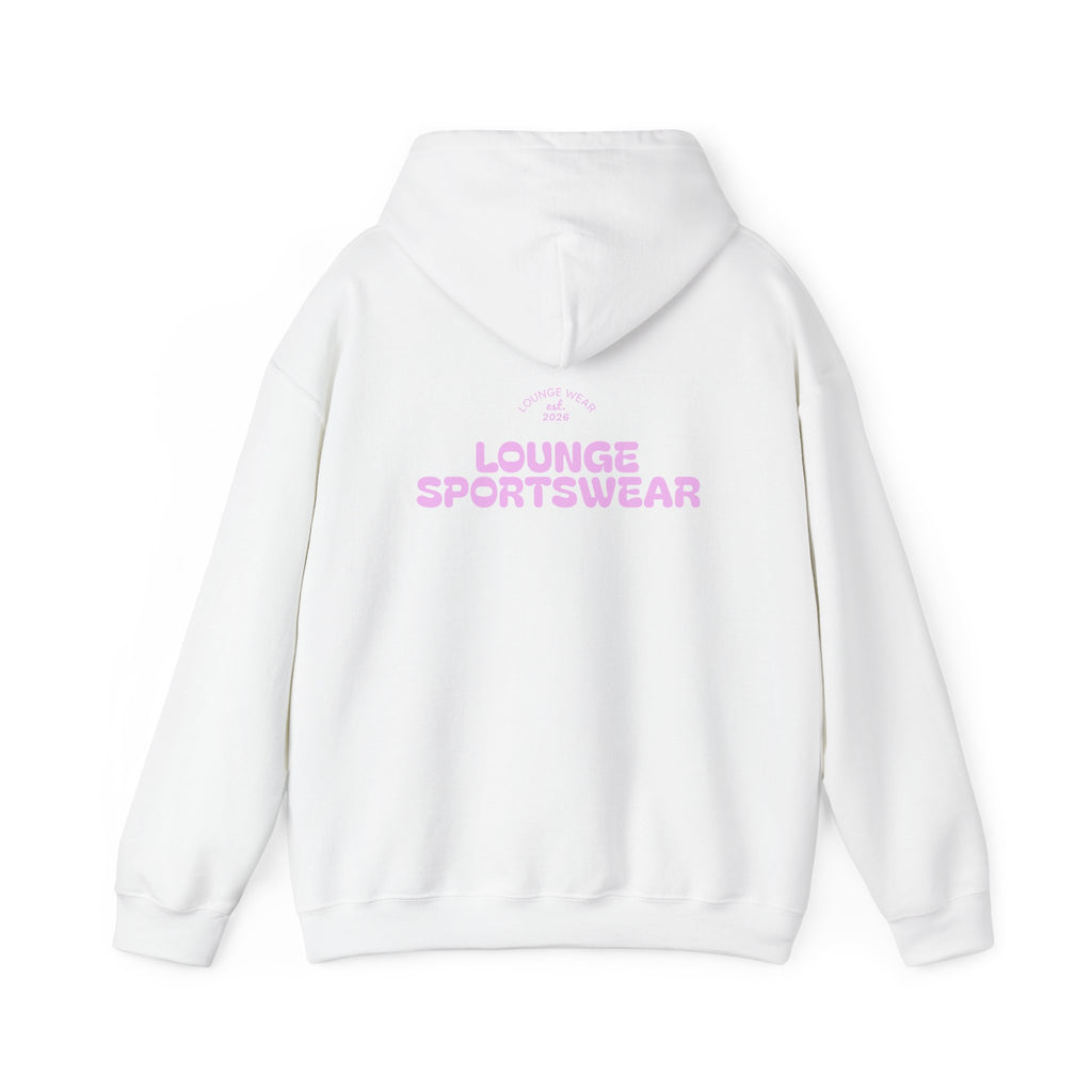Lounge Sportswear Hoodie — White Pullover with Pink Logo