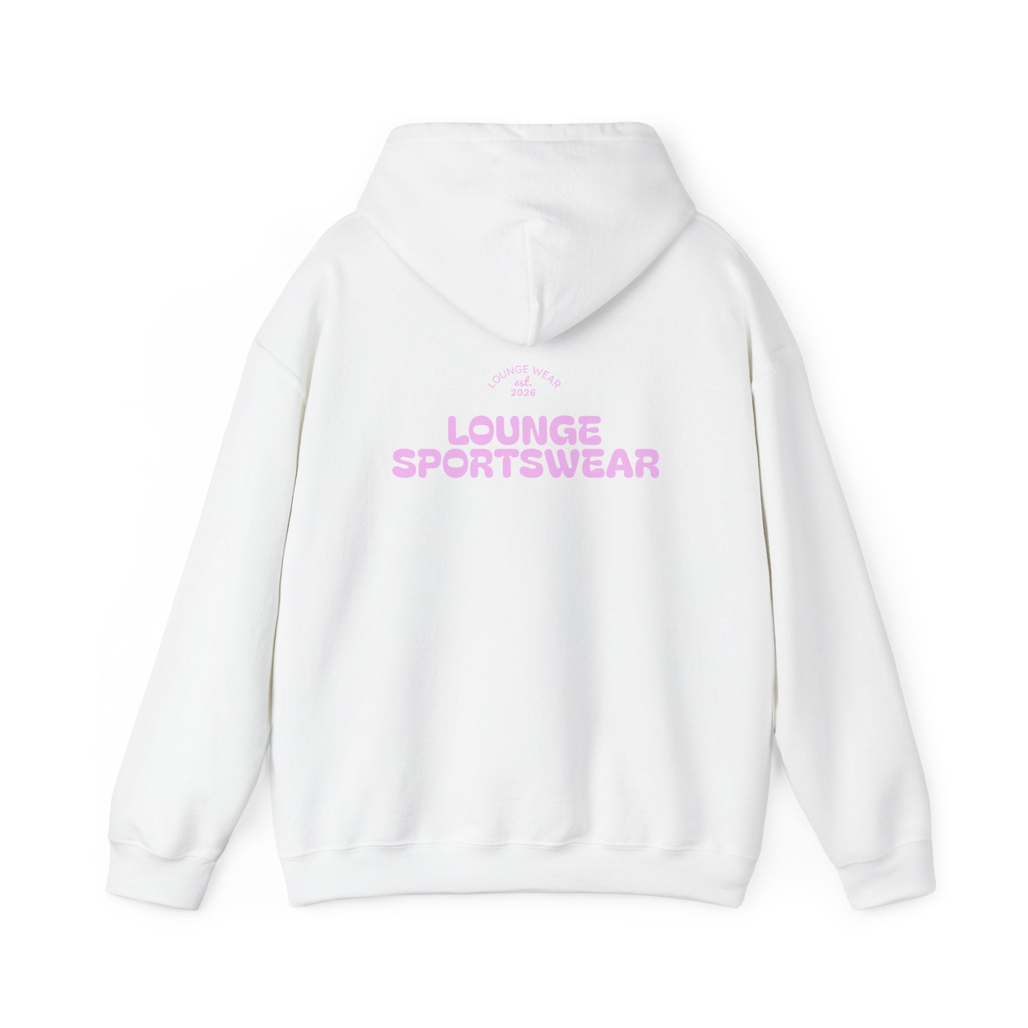 Lounge Sportswear Hoodie — White Pullover with Pink Logo